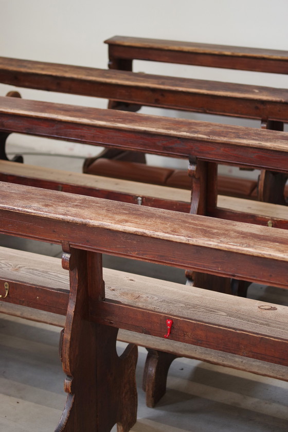 Image 1 of Antique Gothic Church Benches, Late 1800S – Set Of 4 Pine Wood Pew Benches