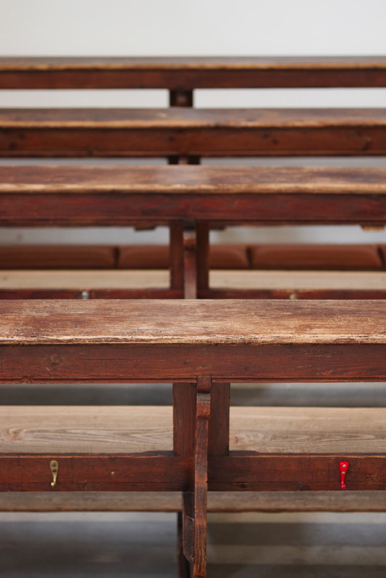 Image 1 of Antique Gothic Church Benches, Late 1800S – Set Of 4 Pine Wood Pew Benches