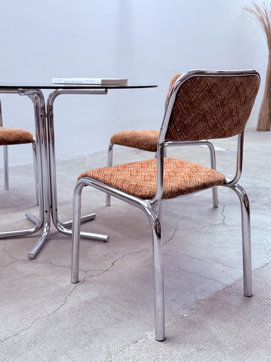 Image 1 of 4x chrome tubular steel fabric dining chairs Italy 1960s
