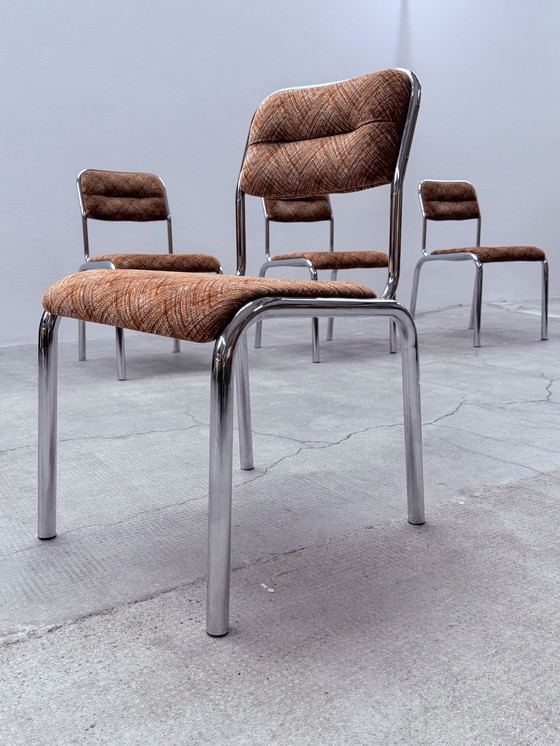 Image 1 of 4x chrome tubular steel fabric dining chairs Italy 1960s