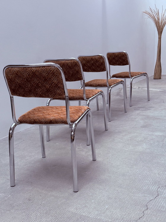 Image 1 of 4x chrome tubular steel fabric dining chairs Italy 1960s