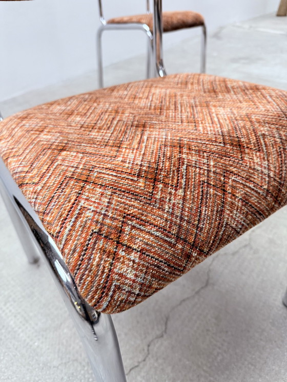 Image 1 of 4x chrome tubular steel fabric dining chairs Italy 1960s