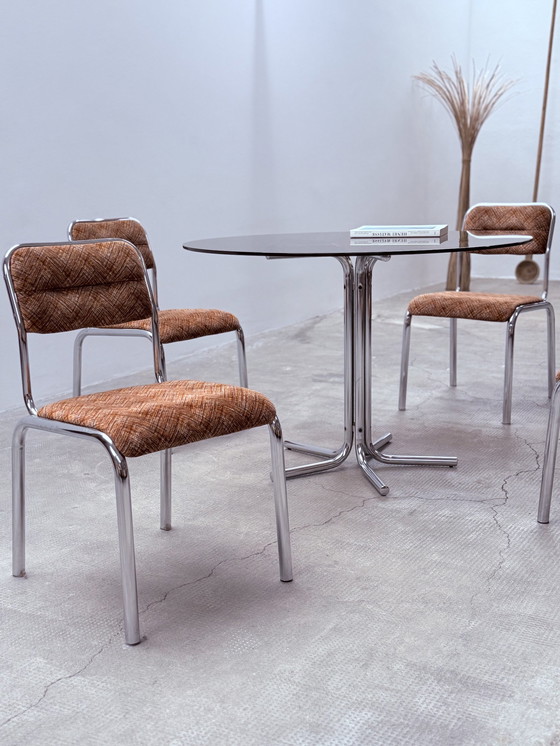 Image 1 of 4x chrome tubular steel fabric dining chairs Italy 1960s