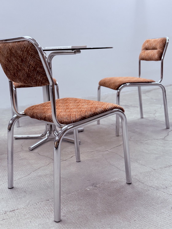 Image 1 of 4x chrome tubular steel fabric dining chairs Italy 1960s