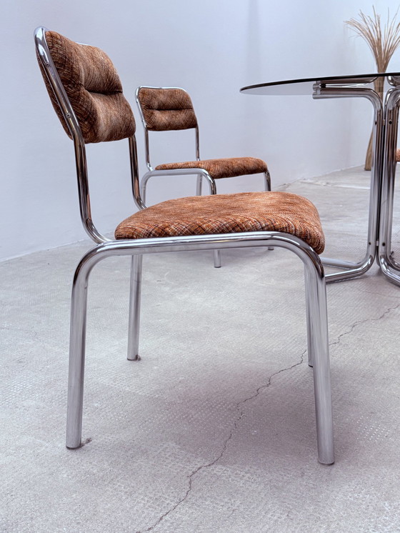 Image 1 of 4x chrome tubular steel fabric dining chairs Italy 1960s