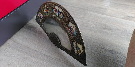 Image 1 of Fan-Shaped Mirror With Porcelain Paintings - Spain 1930s