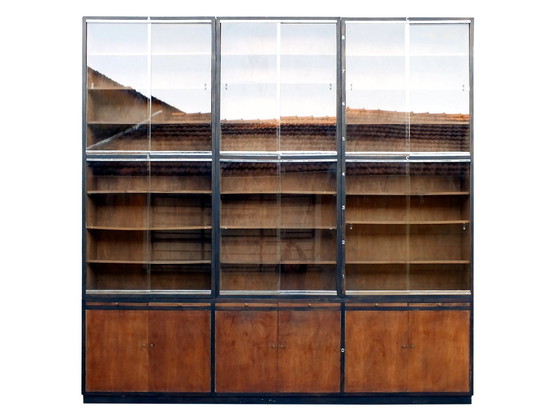 Image 1 of Large Bookcase Italian Art Decò Design Rational Autarchy Years '30 In Walnuts Glass