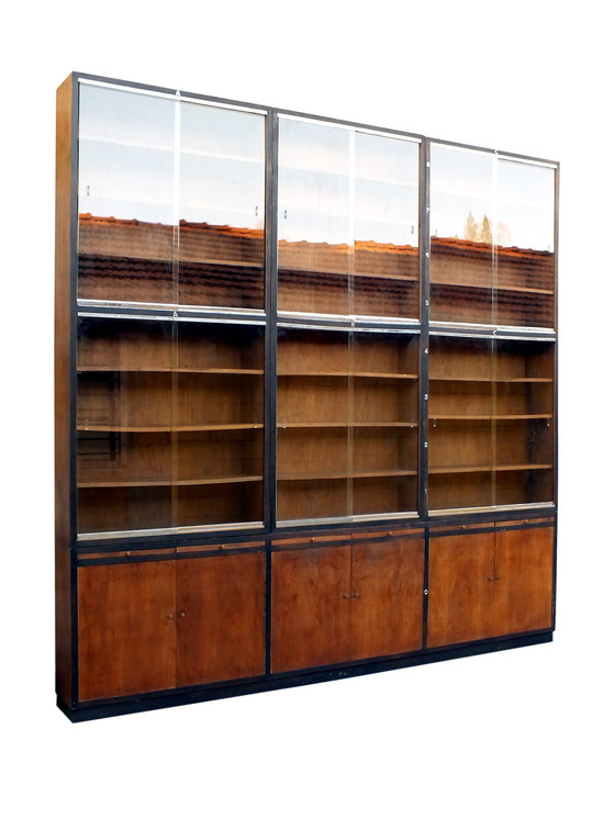 Image 1 of Large Bookcase Italian Art Decò Design Rational Autarchy Years '30 In Walnuts Glass
