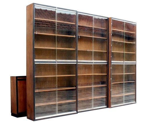 Image 1 of Large Bookcase Italian Art Decò Design Rational Autarchy Years '30 In Walnuts Glass