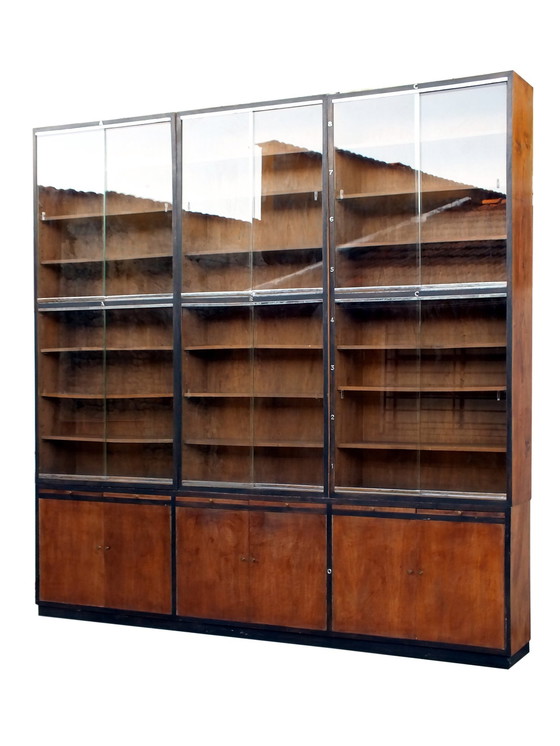 Image 1 of Large Bookcase Italian Art Decò Design Rational Autarchy Years '30 In Walnuts Glass
