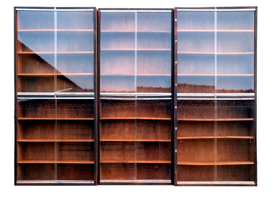 Image 1 of Large Bookcase Italian Art Decò Design Rational Autarchy Years '30 In Walnuts Glass