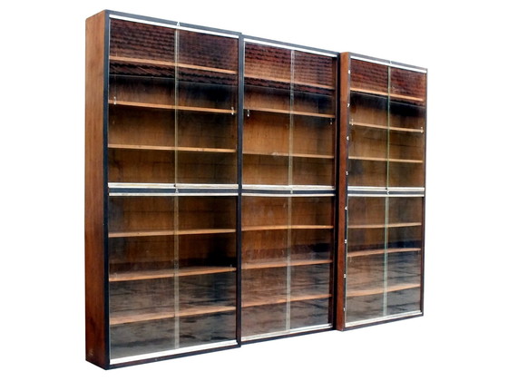 Image 1 of Large Bookcase Italian Art Decò Design Rational Autarchy Years '30 In Walnuts Glass