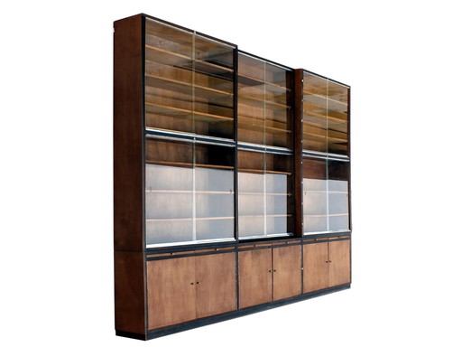 Large Bookcase Italian Art Decò Design Rational Autarchy Years '30 In Walnuts Glass