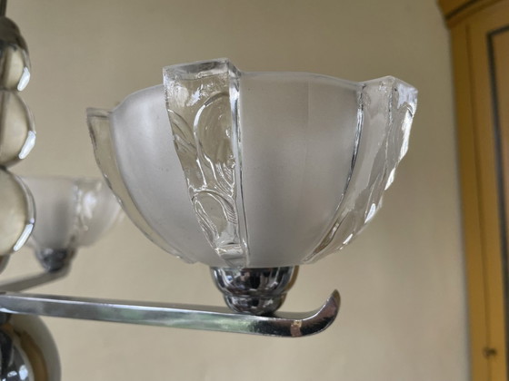 Image 1 of Lamp 1930s Art Deco 3 Arms With Frosted Glass Scales Chromed French Pendant Lamp