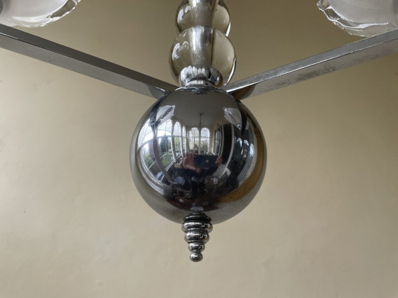 Image 1 of Lamp 1930s Art Deco 3 Arms With Frosted Glass Scales Chromed French Pendant Lamp