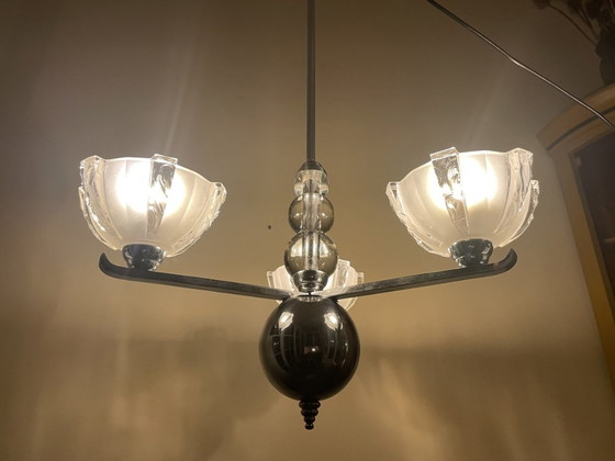 Image 1 of Lamp 1930s Art Deco 3 Arms With Frosted Glass Scales Chromed French Pendant Lamp