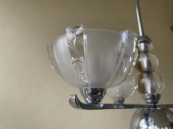 Image 1 of Lamp 1930s Art Deco 3 Arms With Frosted Glass Scales Chromed French Pendant Lamp