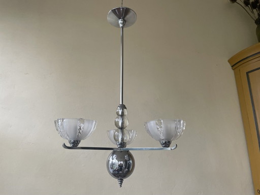 Lamp 1930s Art Deco 3 Arms With Frosted Glass Scales Chromed French Pendant Lamp