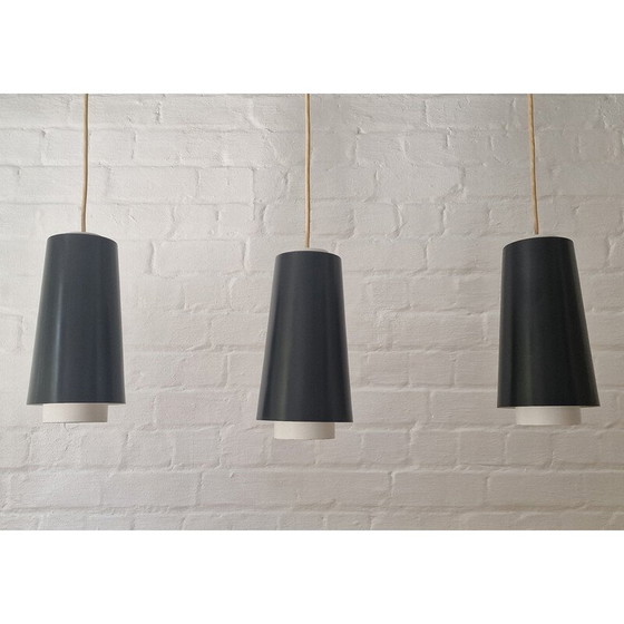 Image 1 of Set of 3 vintage black and white metal pendant lamps by Lyfa, 1960