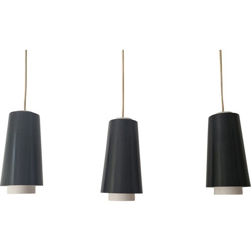 Set of 3 vintage black and white metal pendant lamps by Lyfa, 1960