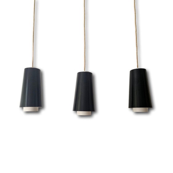 Image 1 of Set of 3 vintage black and white metal pendant lamps by Lyfa, 1960