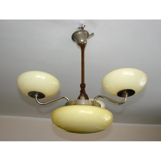 Vintage Art Deco chandelier in nickel-plated brass and superimposed glass, 1940