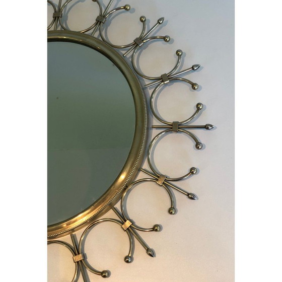 Image 1 of Vintage sun mirror in brass and brushed steel, France 1970s