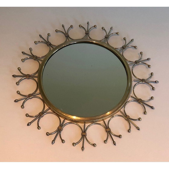 Image 1 of Vintage sun mirror in brass and brushed steel, France 1970s