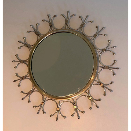 Image 1 of Vintage sun mirror in brass and brushed steel, France 1970s