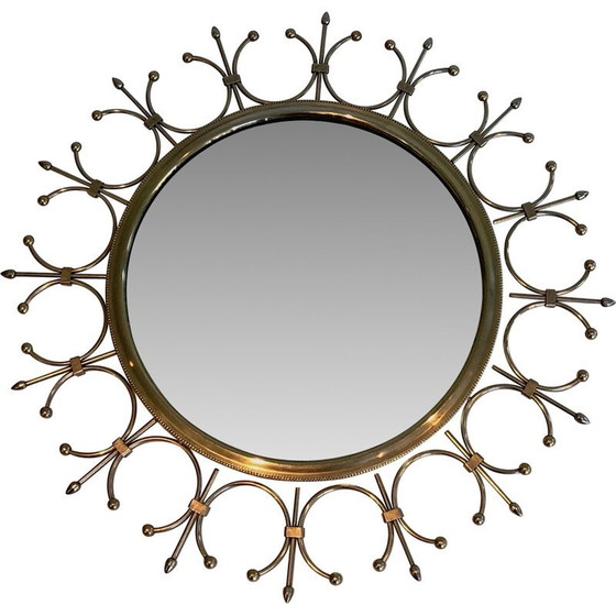 Image 1 of Vintage sun mirror in brass and brushed steel, France 1970s