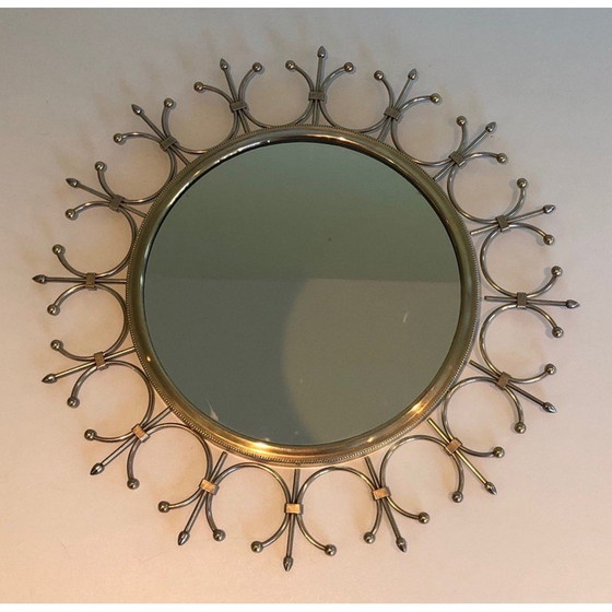 Image 1 of Vintage sun mirror in brass and brushed steel, France 1970s
