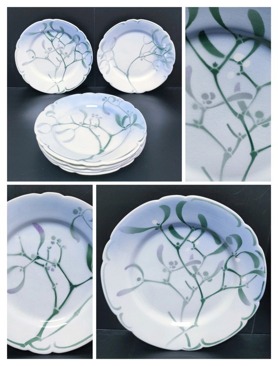 Image 1 of Six Art Nouveau "Mistletoe" Plates Edmond Lachenal