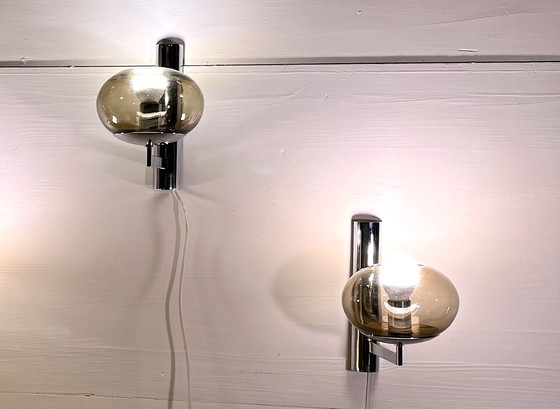 Image 1 of Pair of chrome sconces, smoked glass, Italy 1970s