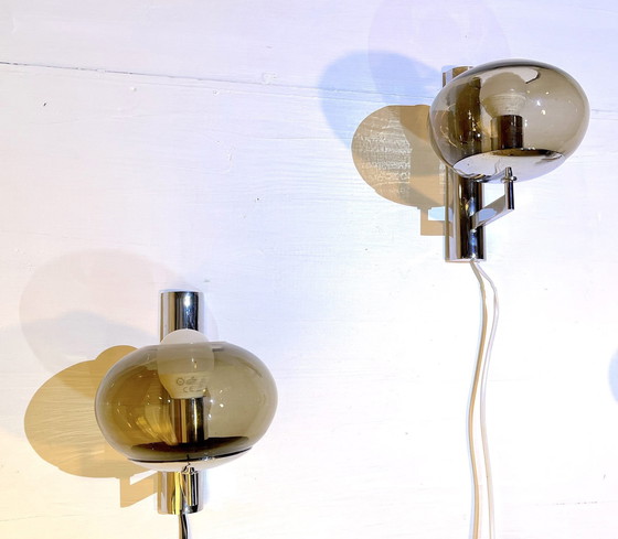 Image 1 of Pair of chrome sconces, smoked glass, Italy 1970s