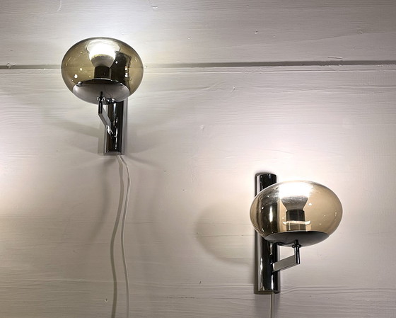 Image 1 of Pair of chrome sconces, smoked glass, Italy 1970s