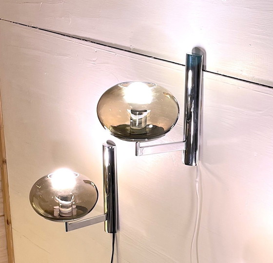 Image 1 of Pair of chrome sconces, smoked glass, Italy 1970s