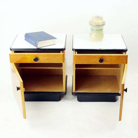 Image 1 of Mid Century Bedside Tables In Oak With Glass Top, Up Zavody 1960s