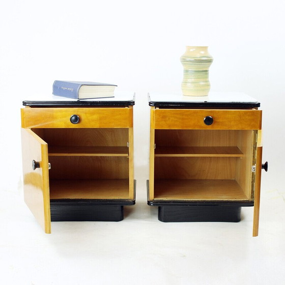 Image 1 of Mid Century Bedside Tables In Oak With Glass Top, Up Zavody 1960s