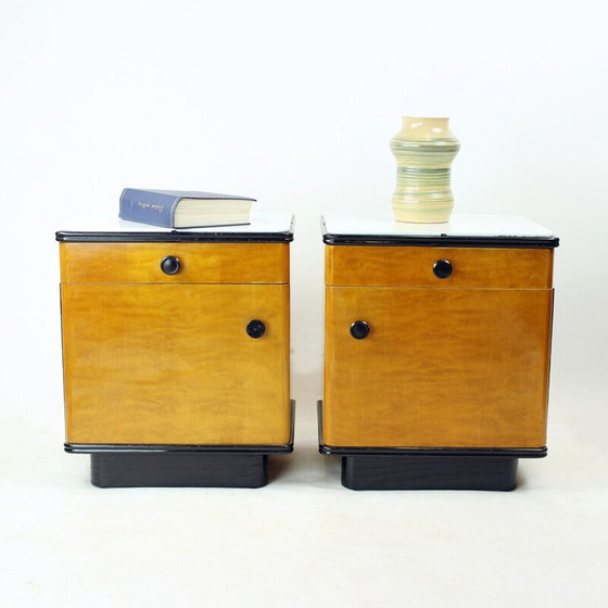 Image 1 of Mid Century Bedside Tables In Oak With Glass Top, Up Zavody 1960s