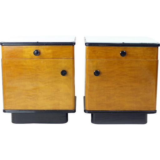 Mid Century Bedside Tables In Oak With Glass Top, Up Zavody 1960s