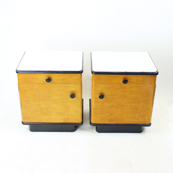 Image 1 of Mid Century Bedside Tables In Oak With Glass Top, Up Zavody 1960s