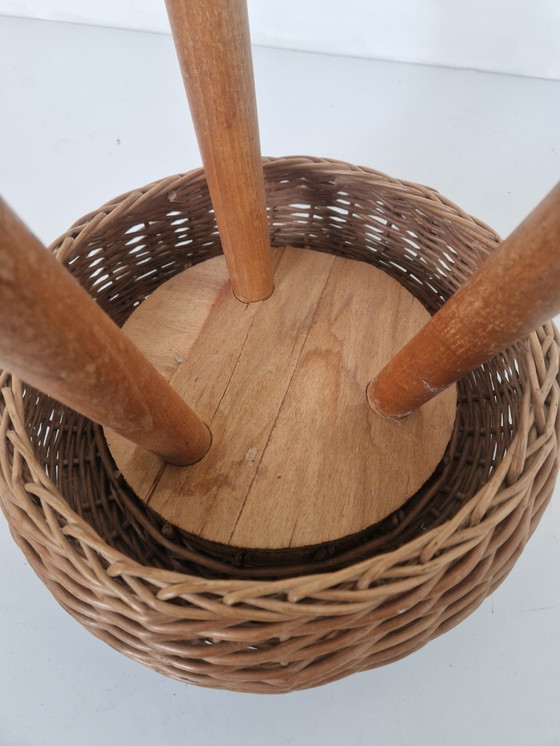 Image 1 of Tripod Wicker & Wooden Stool Attributed To Tony Paul