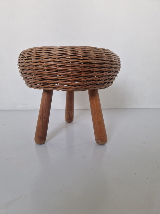 Image 1 of Tripod Wicker & Wooden Stool Attributed To Tony Paul