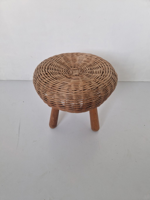 Tripod Wicker & Wooden Stool Attributed To Tony Paul