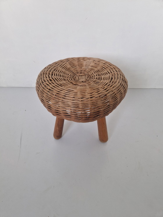 Image 1 of Tripod Wicker & Wooden Stool Attributed To Tony Paul