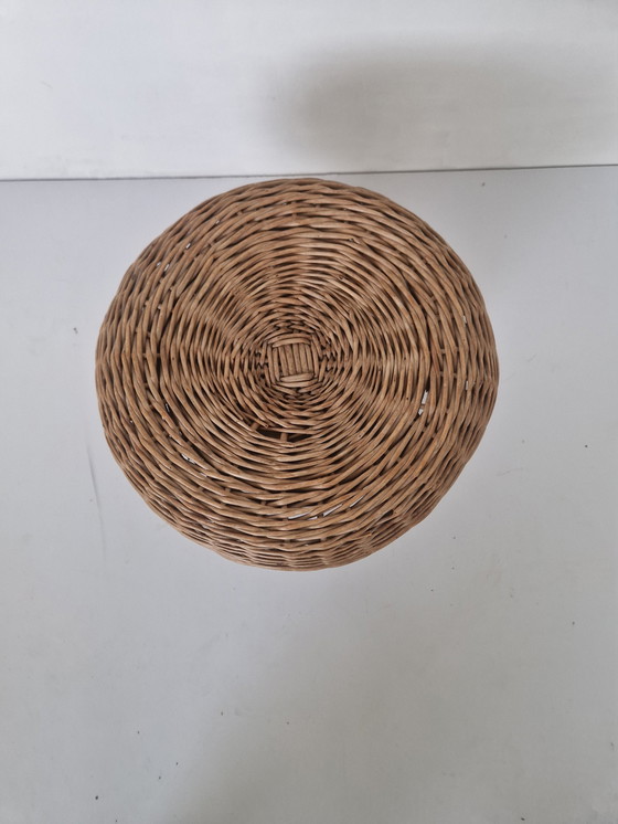 Image 1 of Tripod Wicker & Wooden Stool Attributed To Tony Paul