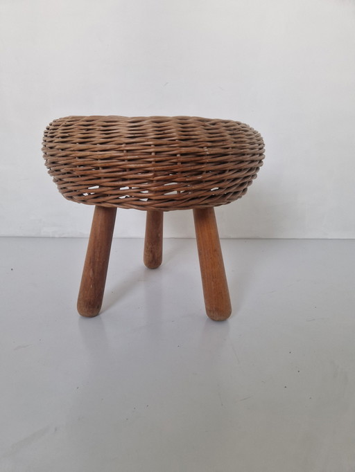 Tripod Wicker & Wooden Stool Attributed To Tony Paul