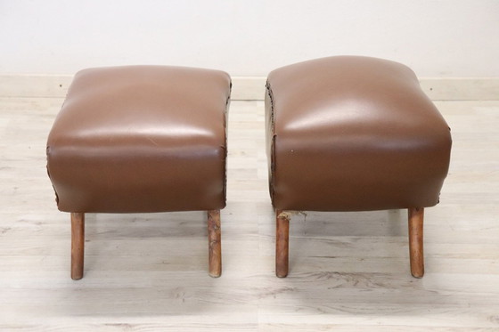 Image 1 of Mid-Century Brown Faux Leather Poufs, Set Of 2