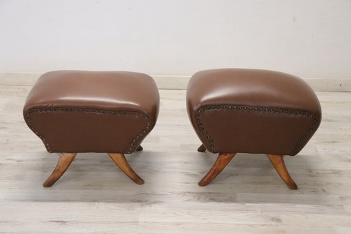 Mid-Century Brown Faux Leather Poufs, Set Of 2