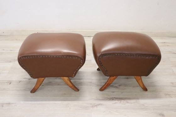 Image 1 of Mid-Century Brown Faux Leather Poufs, Set Of 2